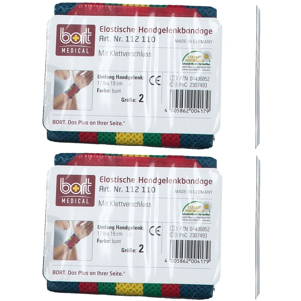 Zwei BORT Handgelenkbandagen, bunt, Größe 2, mit Klettverschluss. Verpackung mit Produktinformationen und CE-Zeichen.