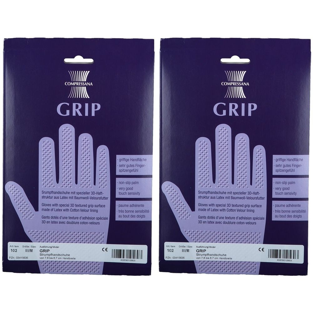 Zwei Packungen COMPRESSANA Grip Gummihandschuhe. Lila Handschuh-Umrisse auf dunklem Hintergrund. Text in Deutsch und Englisch.