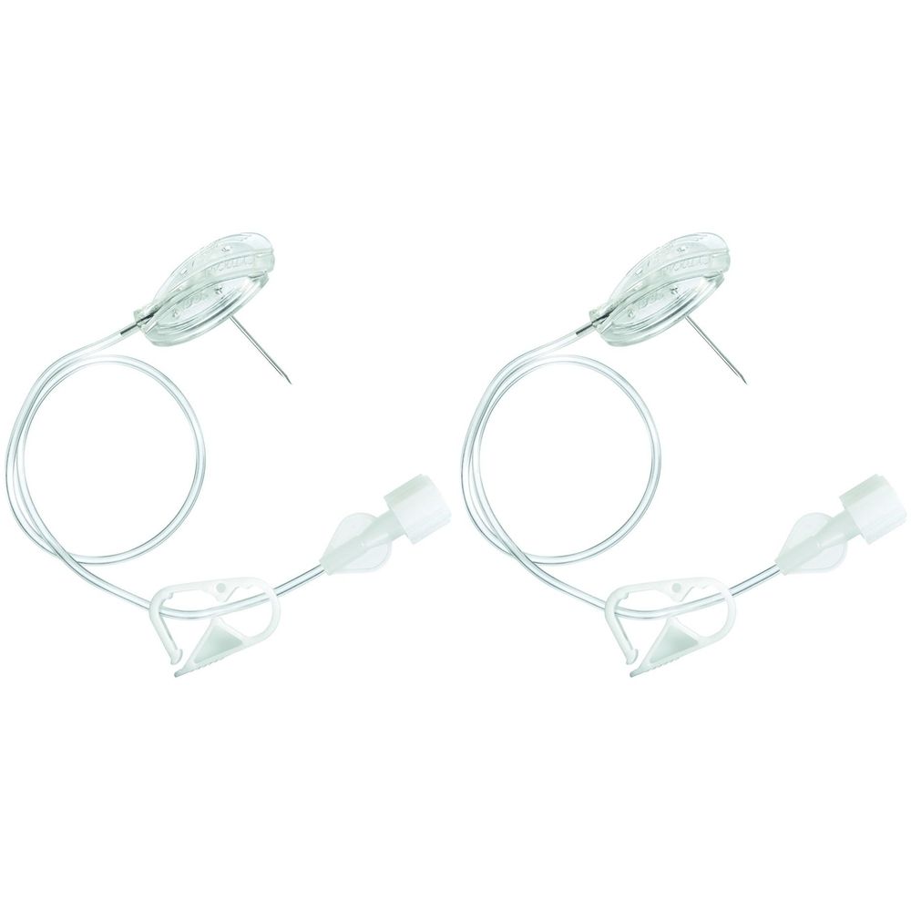 Zwei medizinische Geräte. Jedes besteht aus einer transparenten Kammer mit Nadel, Schlauch und Anschluss.