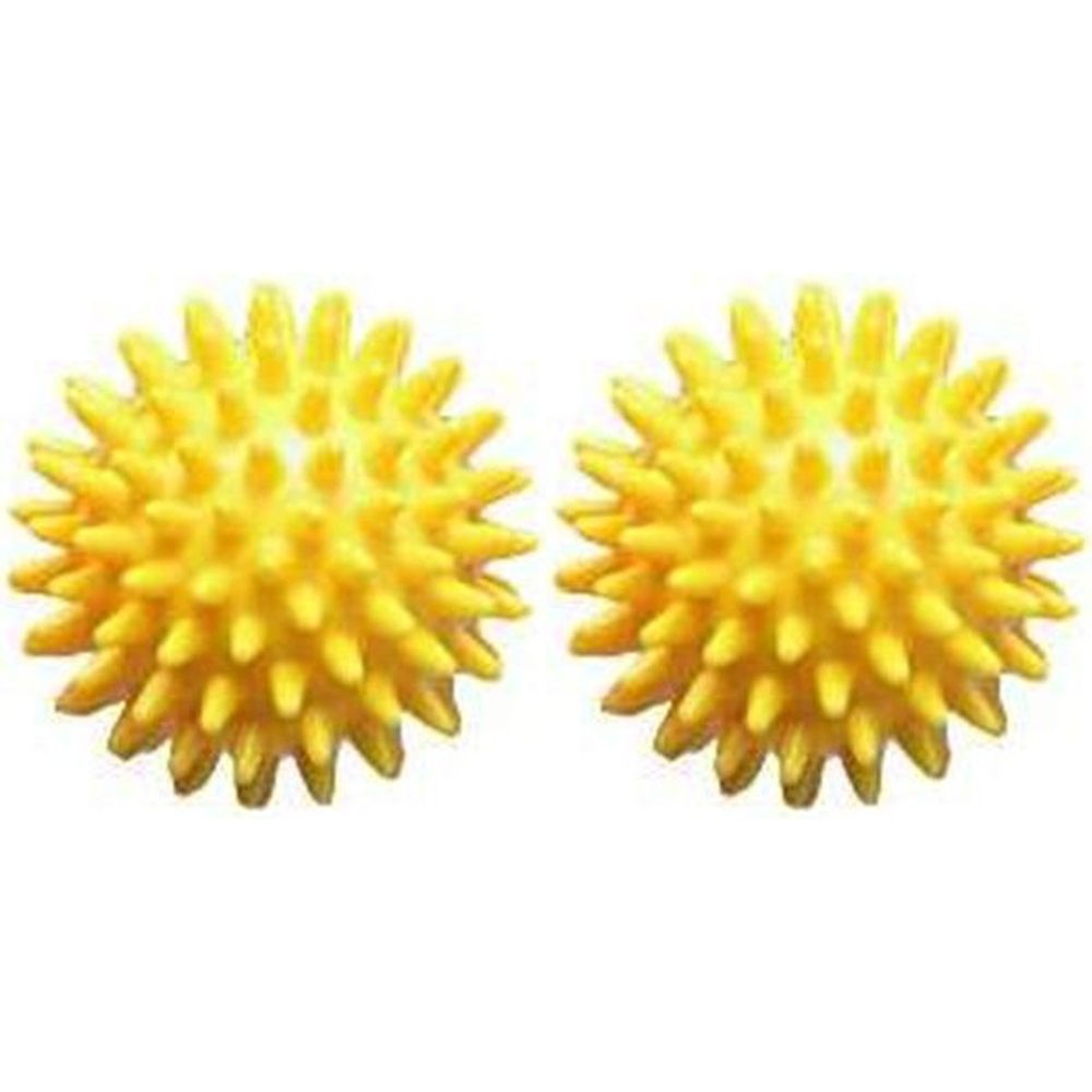 Zwei gelbe Igelbälle mit Noppen. Wellness-Produkt. 