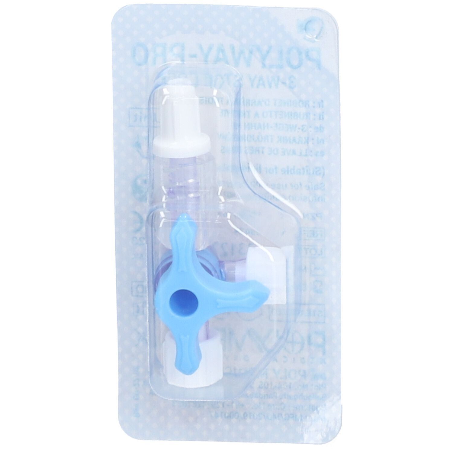 Medizinischer Dreiweghahn in Blisterverpackung. Der Hahn hat einen blauen Drehgriff und weiße Anschlüsse. Auf der Verpackung ist der Name Polyway-Pro zu sehen.