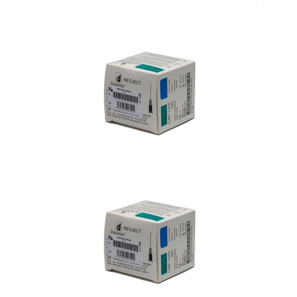 Zwei quadratische Kartons mit Dispomed® NEOJECT® Kanüle. Aufdrucke mit Produktinformationen und Barcodes. Blaue und grüne Akzente.