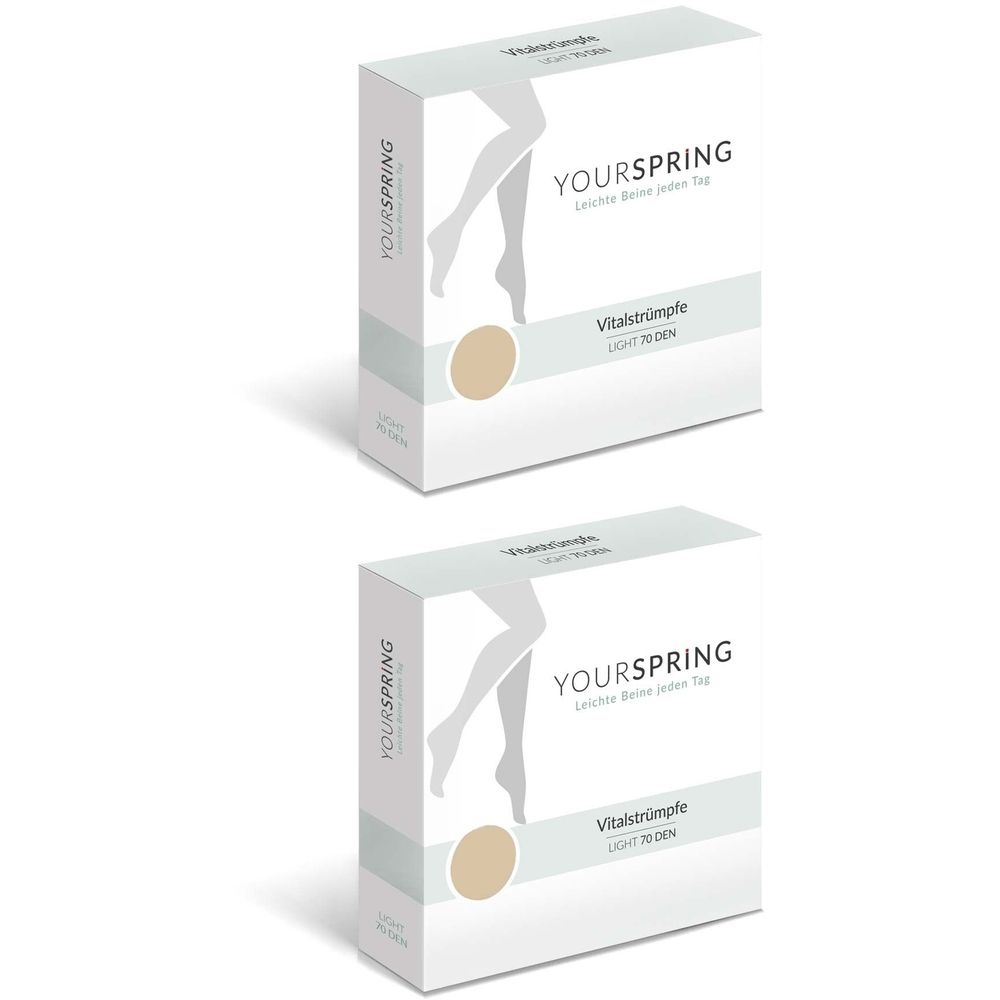 Zwei Schachteln mit Strümpfen. Aufschrift YOURSPRING, Vitalstrümpfe, LIGHT 70 DEN. Farbe: Nuss. Illustration von Beinen.