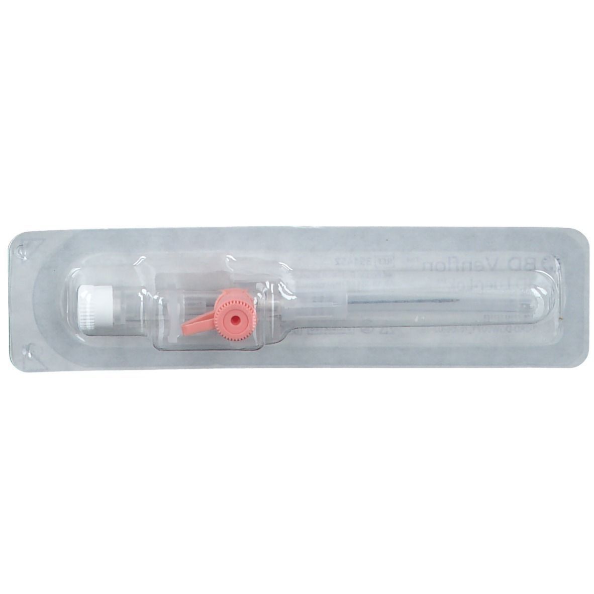 Verweilkanüle in Blisterverpackung. Rosa Flügel, transparente Kanüle, weißer Verschluss. Aufschrift auf der Verpackung.