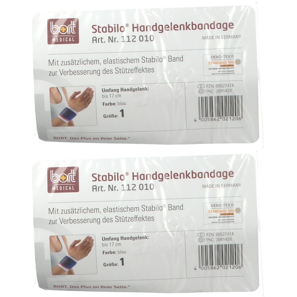 Zwei verpackte Handgelenkbandagen. Aufschrift: Stabilo Handgelenkbandage, Größe 1, blau. Mit OEKO-TEX-Zertifizierung.