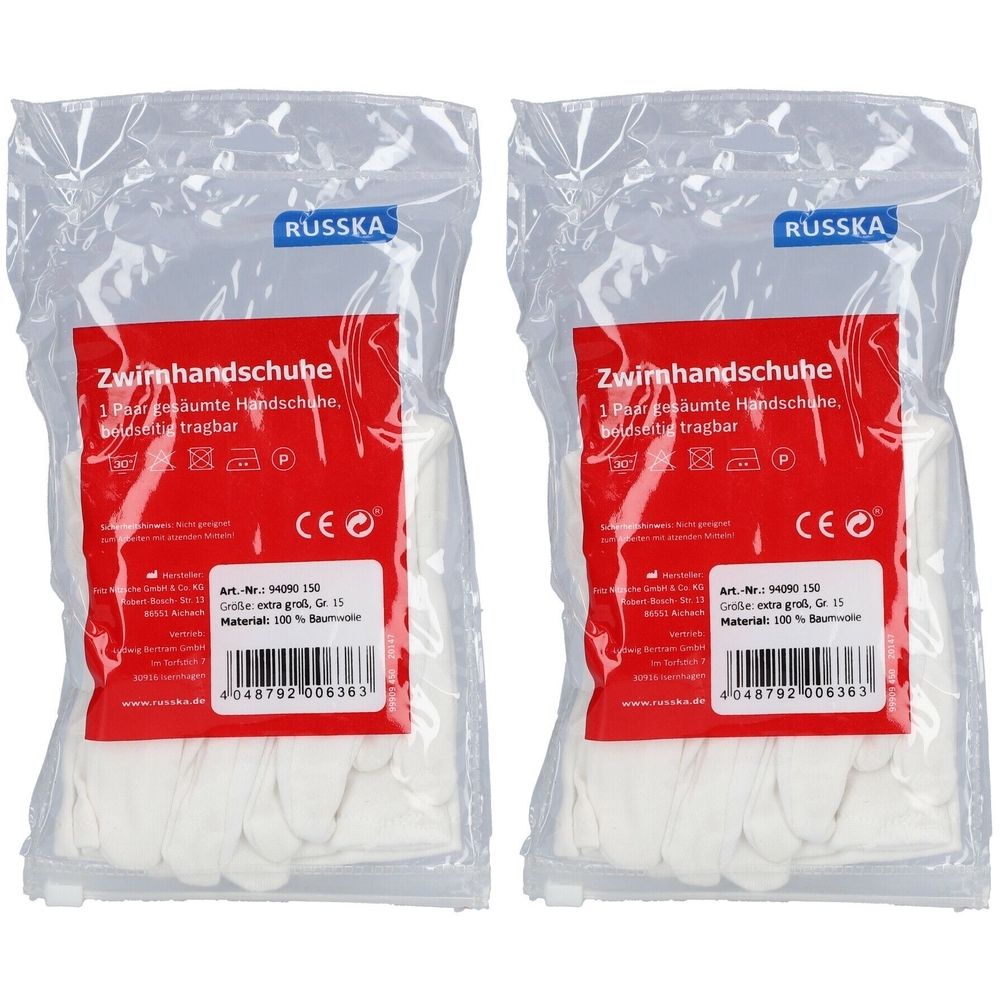 Zwei Packungen Zwirnhandschuhe in Folienverpackung. Rote Etiketten mit Produktinformationen und CE-Zeichen. Marke: RUSSKA.