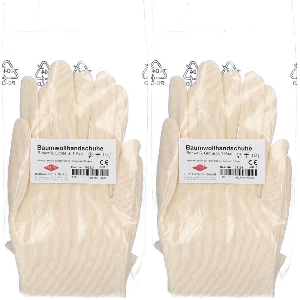 Zwei Paar rohweiße Baumwollhandschuhe in Plastikverpackung. Aufkleber mit Produktinformationen: Baumwollhandschuhe, Größe S, CE-Kennzeichnung.