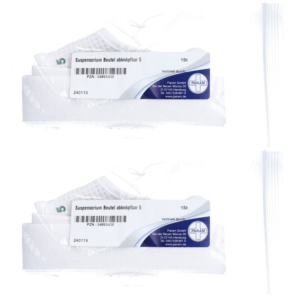 Zwei Packungen Suspensorium Beutel abknöpfbar Gr. 5. Jede Packung enthält ein Produkt und eine Produktkarte. Daneben liegen zwei Bündel Stäbchen.