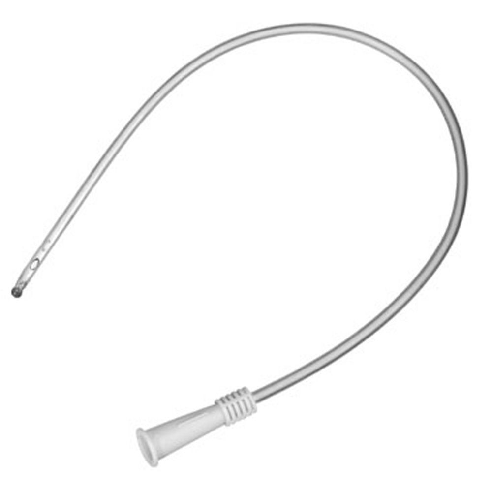 Transparenter Katheter mit abgerundeter Spitze und Konnektor. Sichtbare seitliche Öffnungen. Flexibles, schlauchförmiges Design.