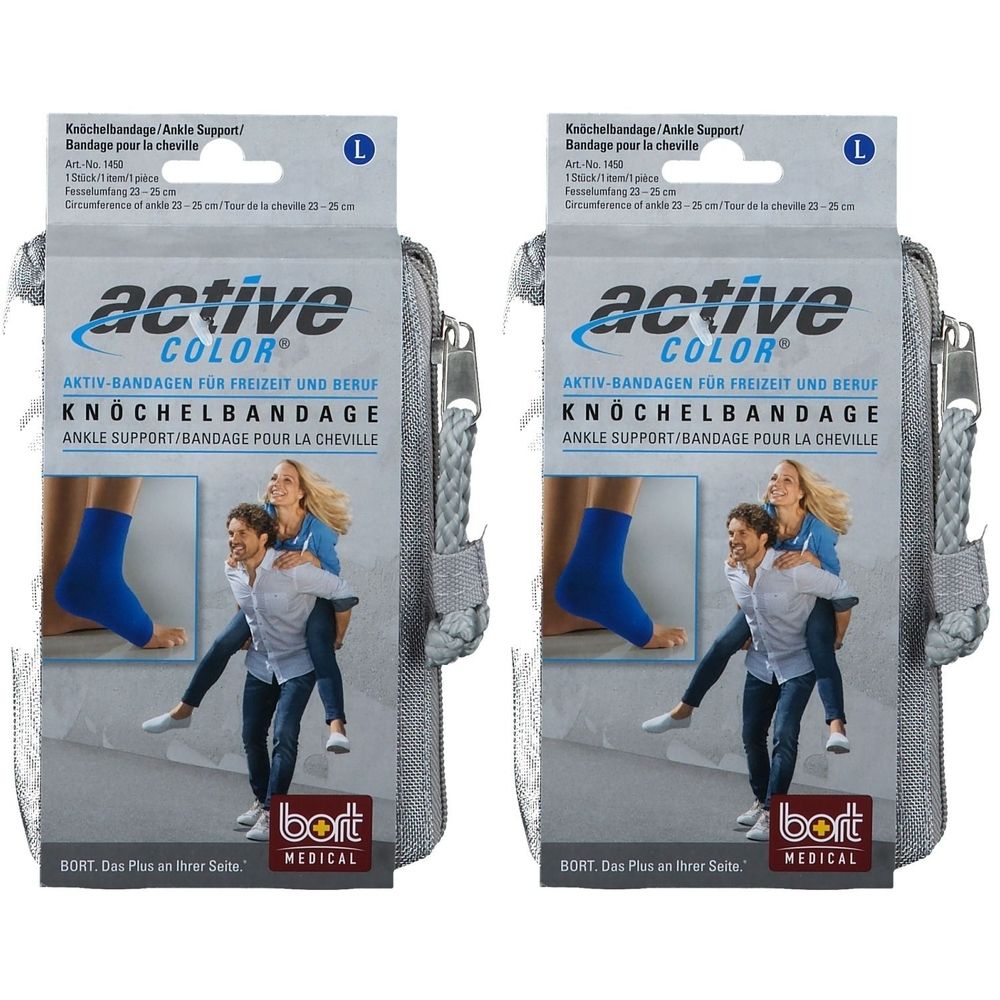 Zwei BORT ActiveColor Knöchelbandagen in blau. Verpackt in grauen Etuis mit Reißverschluss. Aufdruck: ActiveColor, Knöchelbandage.