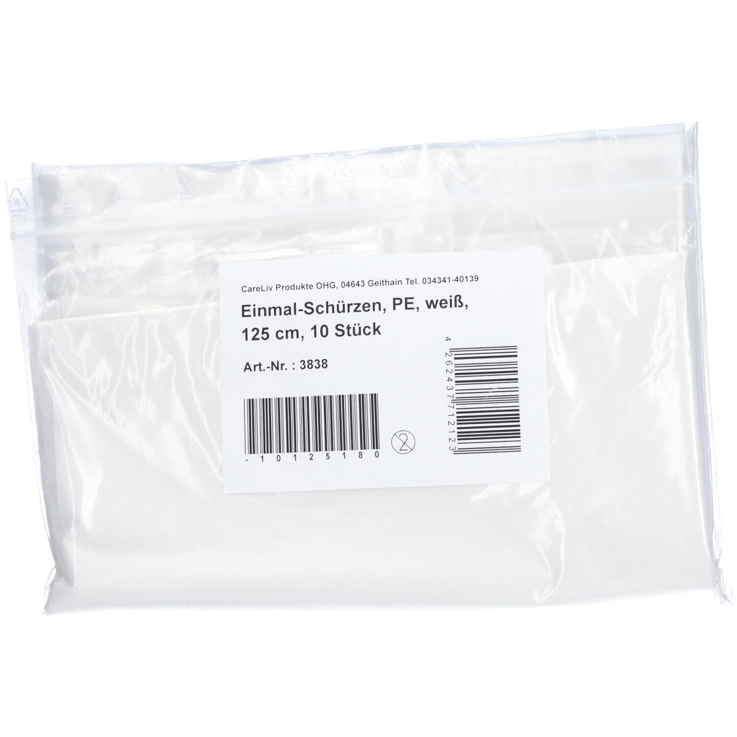 Weiße Einmalschürzen aus PE in Plastikverpackung. Aufdruck: 125 cm, 10 Stück. Barcode und Artikelnummer 3838.