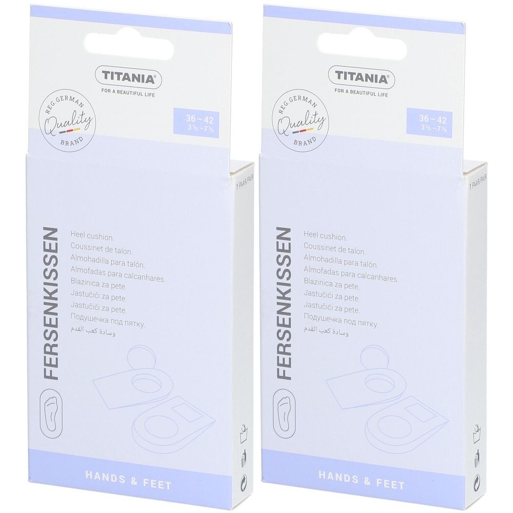 Zwei Packungen Fersenkissen. Aufdruck: TITANIA, Schuhgröße 36-42. Verpackung mit Produktabbildung und Text in mehreren Sprachen.