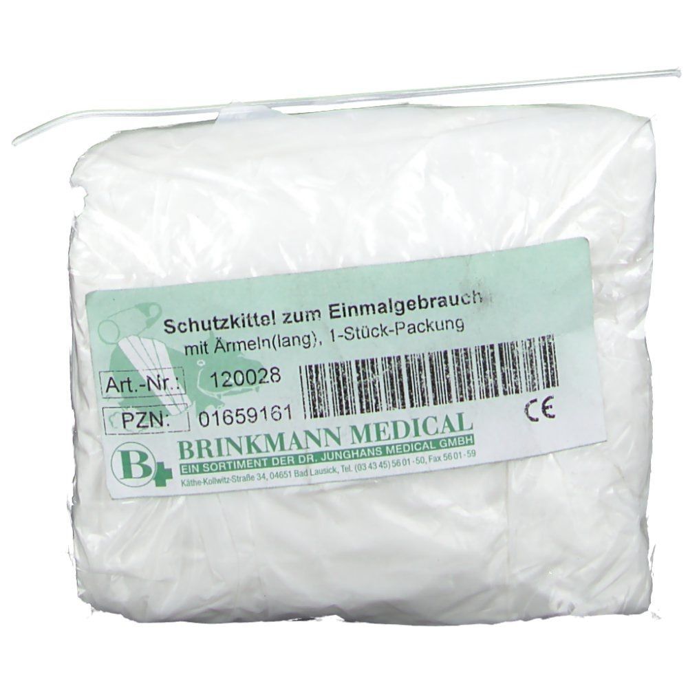 Verpackung mit weißem Einmal-Schutzkittel mit Ärmeln. Aufkleber mit Produktinformationen und CE-Kennzeichnung. Marke: Brinkmann Medical.