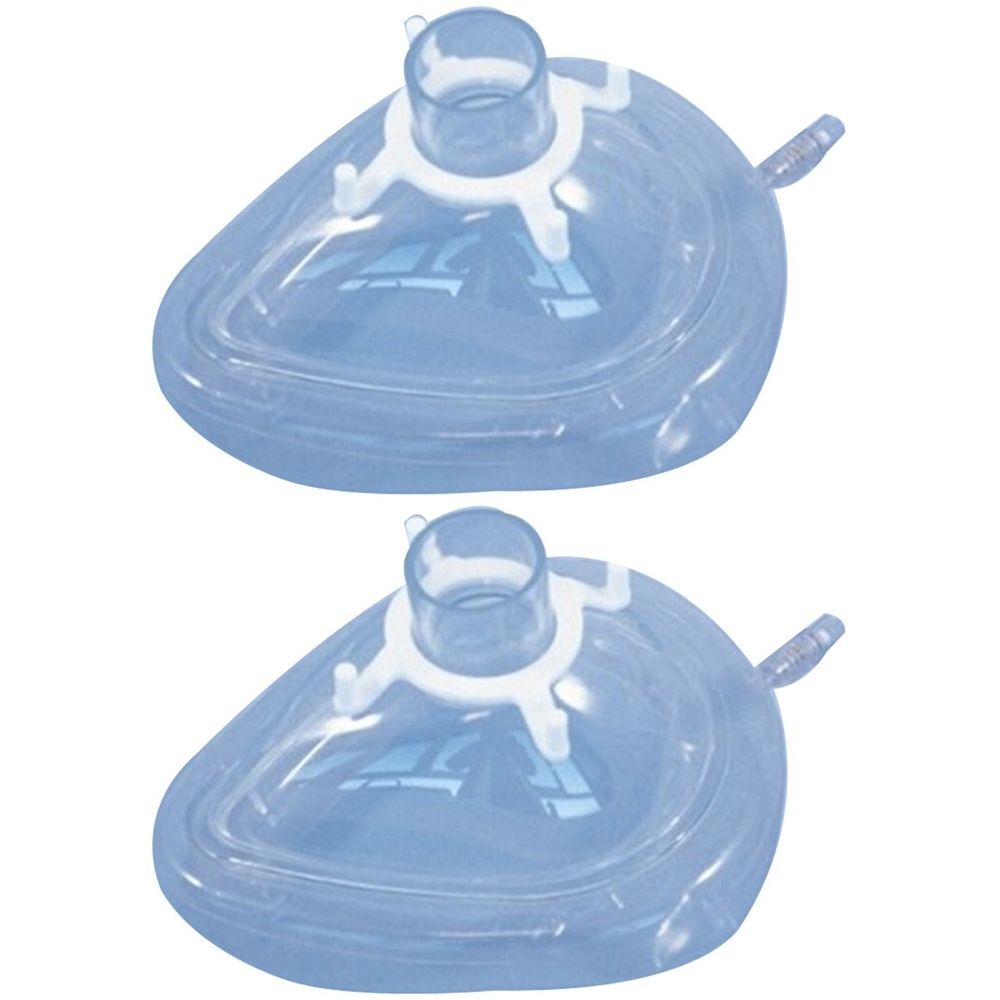 Zwei blaue Einmalbeatmungsmasken mit Ventil. Jede Maske hat einen weißen Anschluss und einen seitlichen Anschluss.