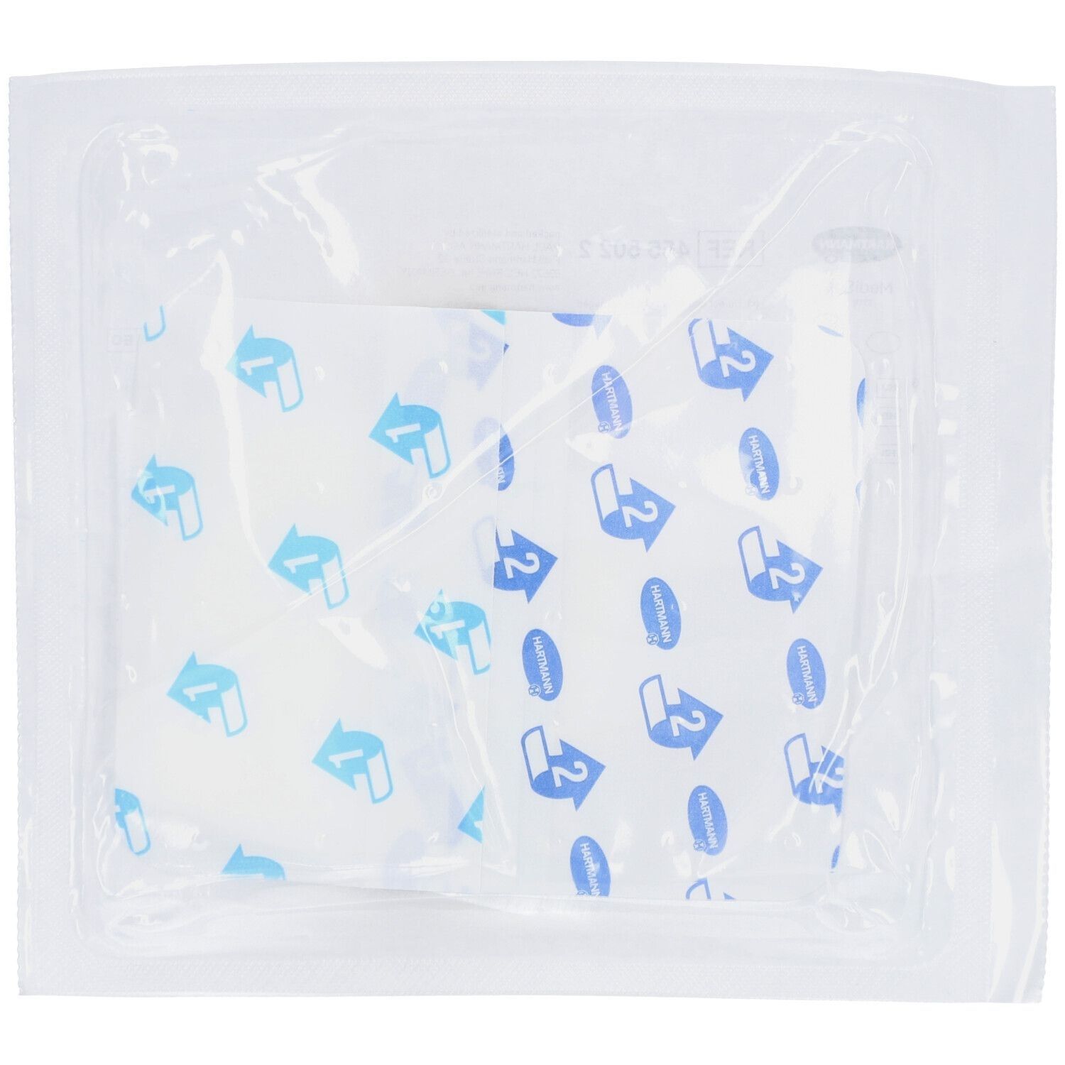 Verpackte medizinische Kompresse. Transparente Folienverpackung. Aufdruck mit blauen Pfeilen und Ziffern.