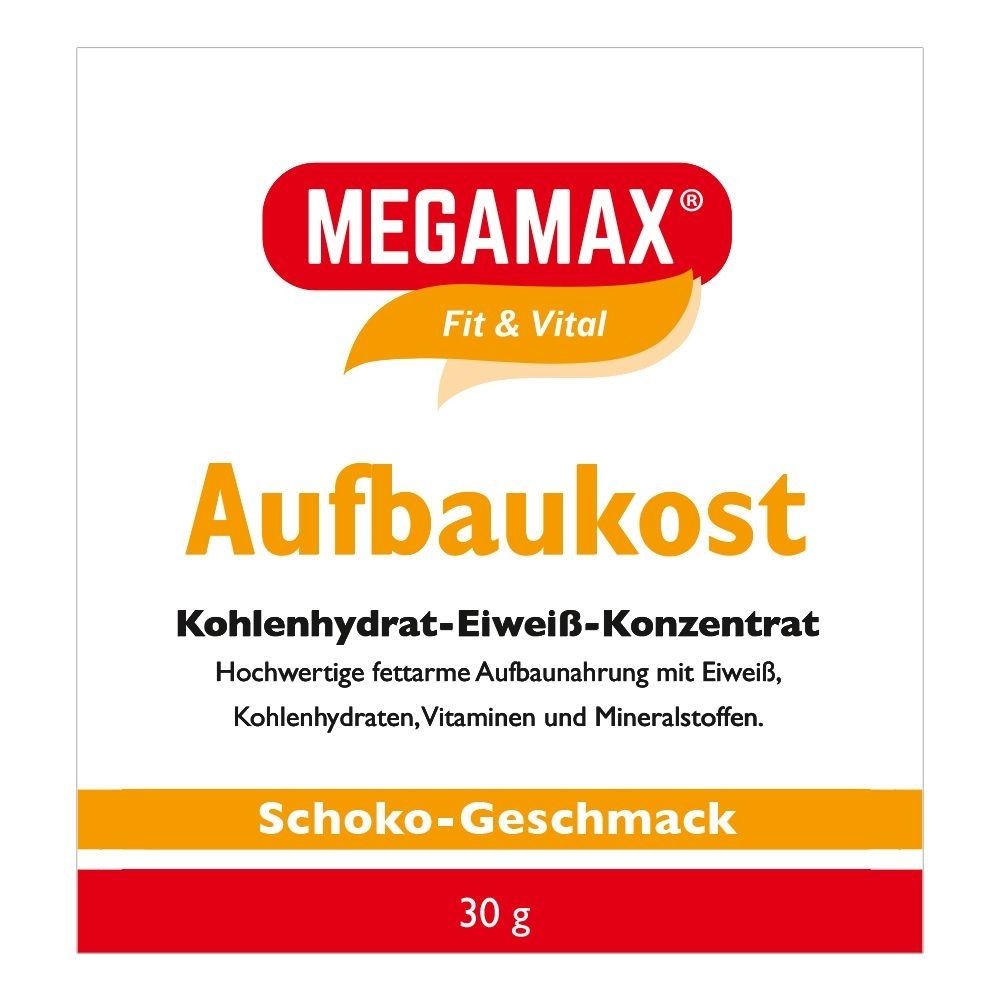 Verpackung mit Produktinformationen. Aufschrift: MEGAMAX, Aufbaukost, Schoko-Geschmack, 30 g. Enthält Kohlenhydrate, Eiweiß, Vitamine.