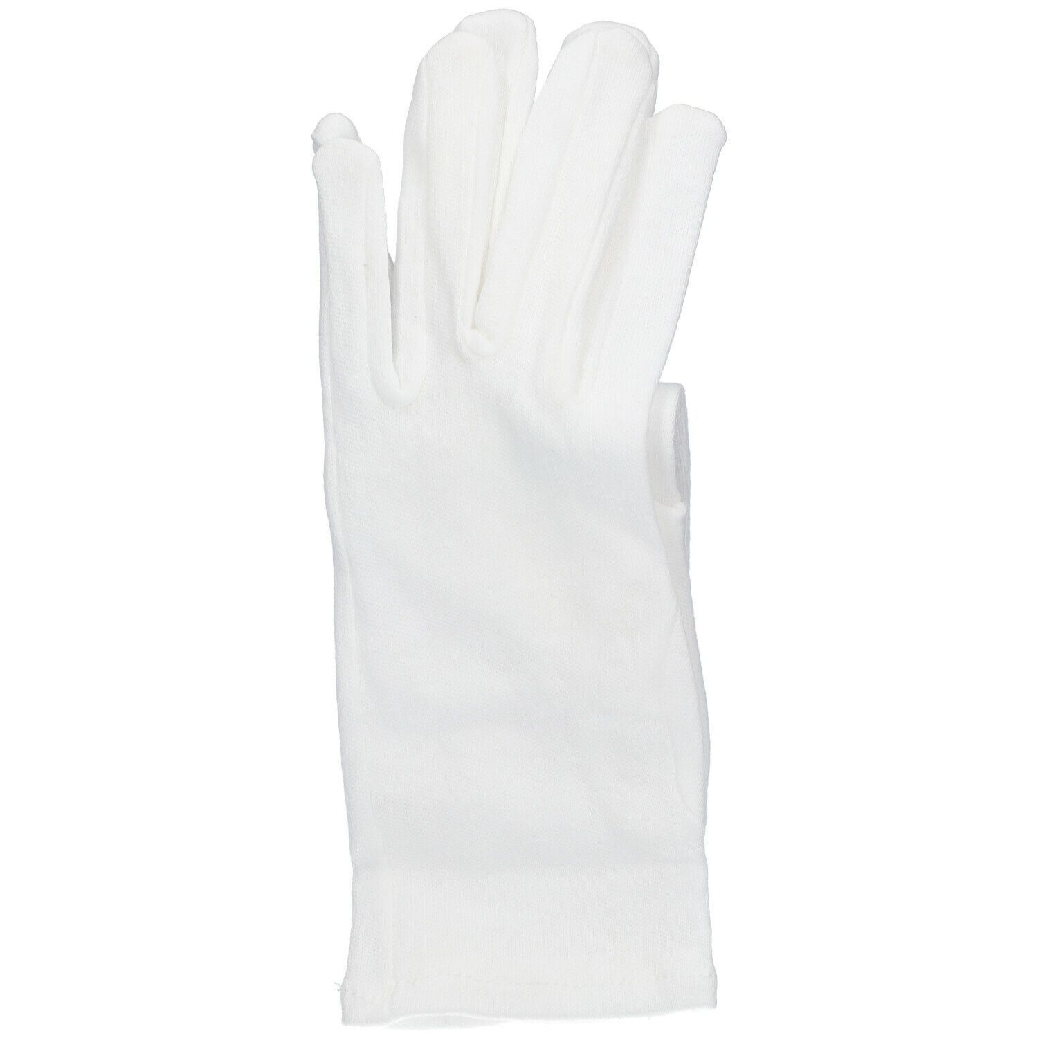 Weißer Baumwoll-Zwirnhandschuh. Fünf Finger, Handfläche und Handrücken sichtbar. Aus Baumwolle.
