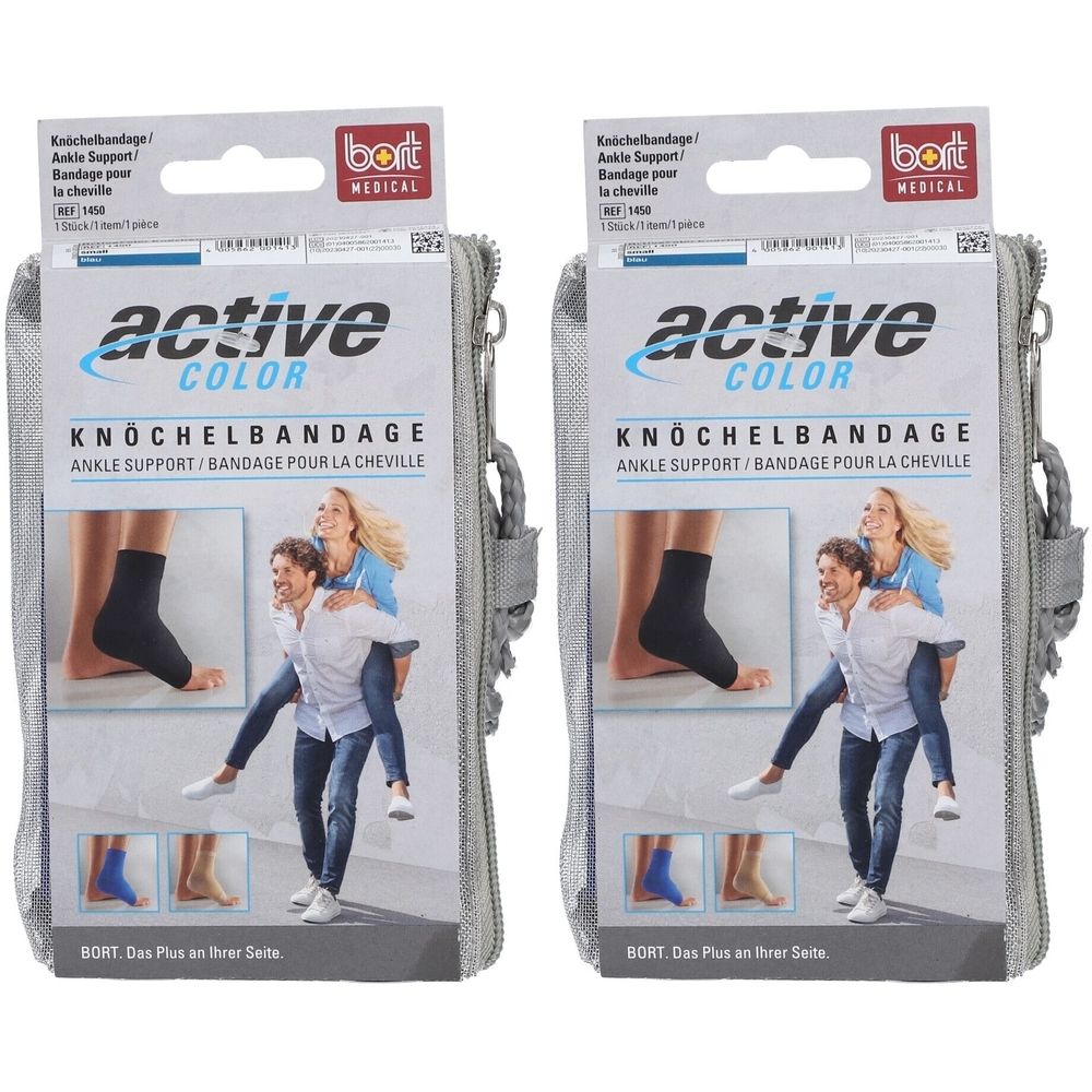 Zwei graue Taschen mit Knöchelbandagen. Aufschrift: Active Color Knöchelbandage. Marke: BORT. Abgebildet: Person mit Knöchelbandage.