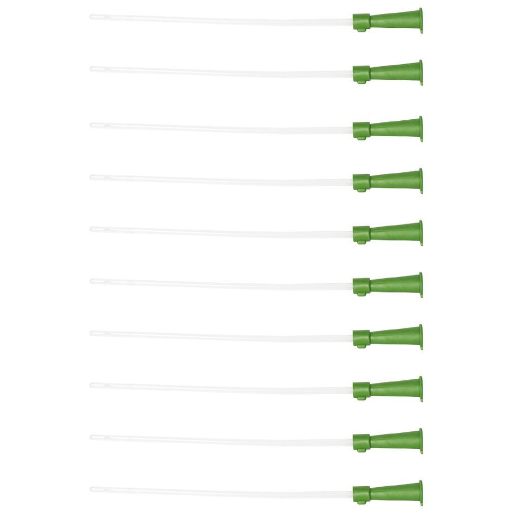 Mehrere Katheter mit grünem Konnektor. Die Katheter sind weiß und gerade. Der Konnektor ist trichterförmig.