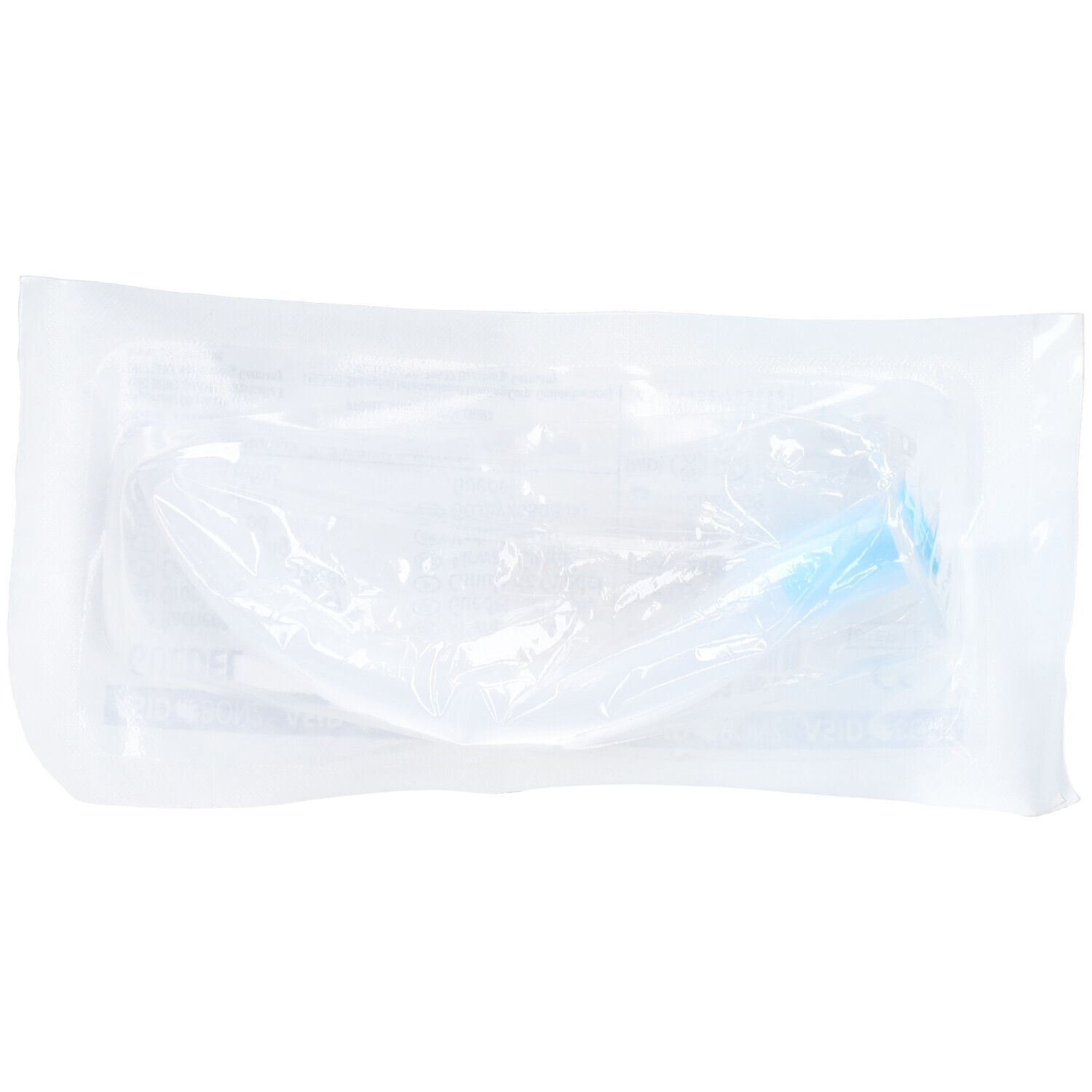 Medizinprodukt in steriler Verpackung. Ein transparenter Guedel-Tubus, teilweise sichtbar, mit blauem Ansatz.