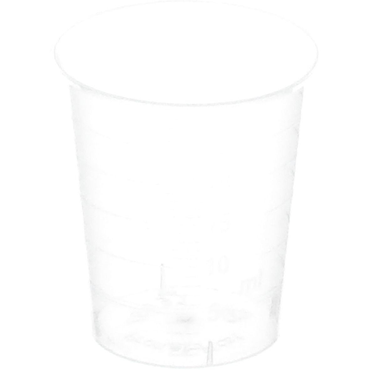 Transparenter Kunststoffbecher mit Messskala. Zylindrische Form, leicht konisch zulaufend. Oben offen, unten geschlossen.