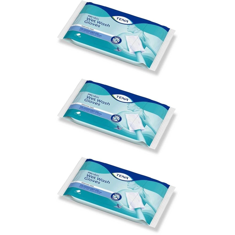 Drei Packungen TENA Wet Wash Gloves parfümfrei. Blaue und weiße Verpackung mit Produktbezeichnung und Logo.