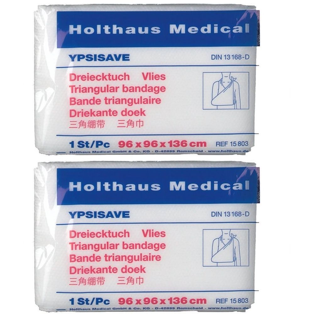 Zwei verpackte Dreiecktücher aus Vlies. Aufschrift: YPSISAVE, Dreiecktuch Vlies, 96x96x136cm. Hersteller: Holthaus Medical. DIN 13168-D.
