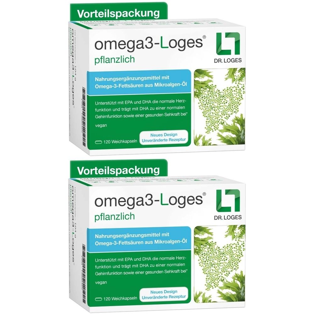 Zwei Packungen omega3-Loges pflanzlich. Weiße Kartons mit grünen und blauen Akzenten. Aufschrift: omega3-Loges pflanzlich, 120 Weichkapseln.