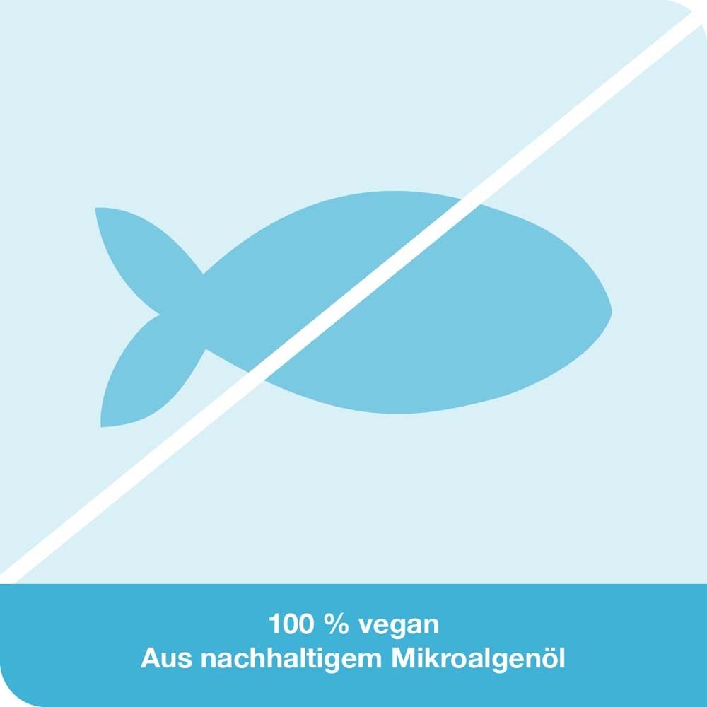 Blaues Fischsymbol mit weißem diagonale Balken. Text: 100 % vegan. Aus nachhaltigem Mikroalgenöl.