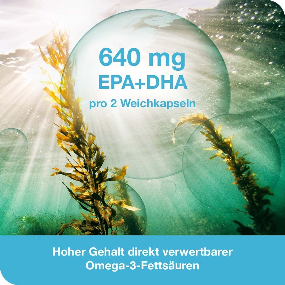 Blaue Blasen mit Algen. Text: 640 mg EPA+DHA pro 2 Weichkapseln. Hoher Gehalt direkt verwertbarer Omega-3-Fettsäuren.