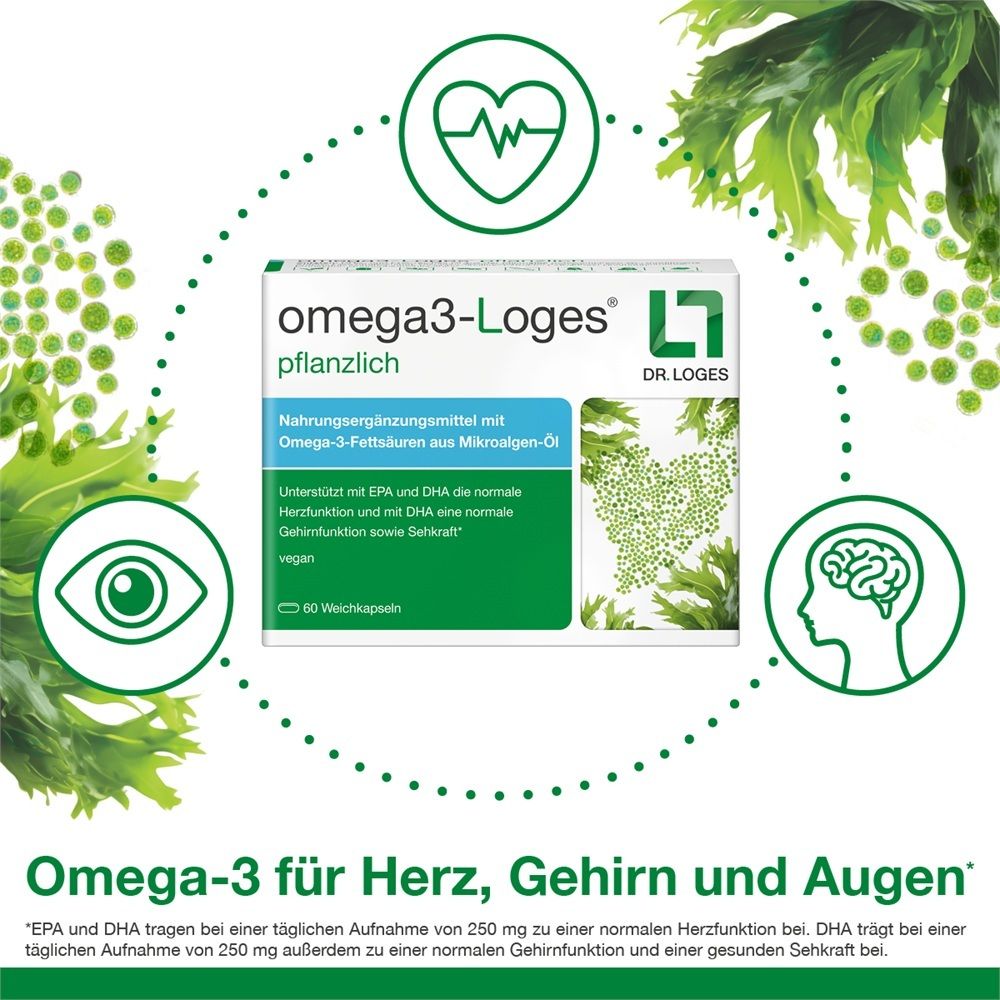 Packung omega3-Loges pflanzlich umgeben von Icons für Herz, Auge und Gehirn. "Omega-3 für Herz, Gehirn und Augen."