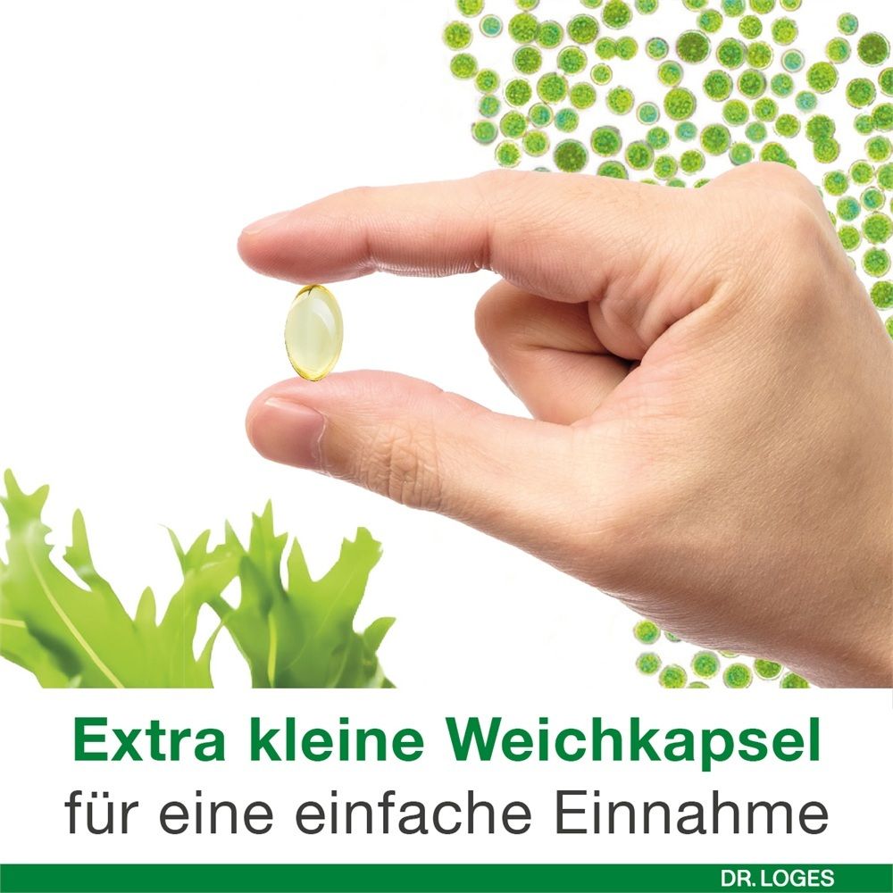 Eine Hand hält eine kleine, gelbe Weichkapsel zwischen Daumen und Zeigefinger. "Extra kleine Weichkapsel für eine einfache Einnahme."