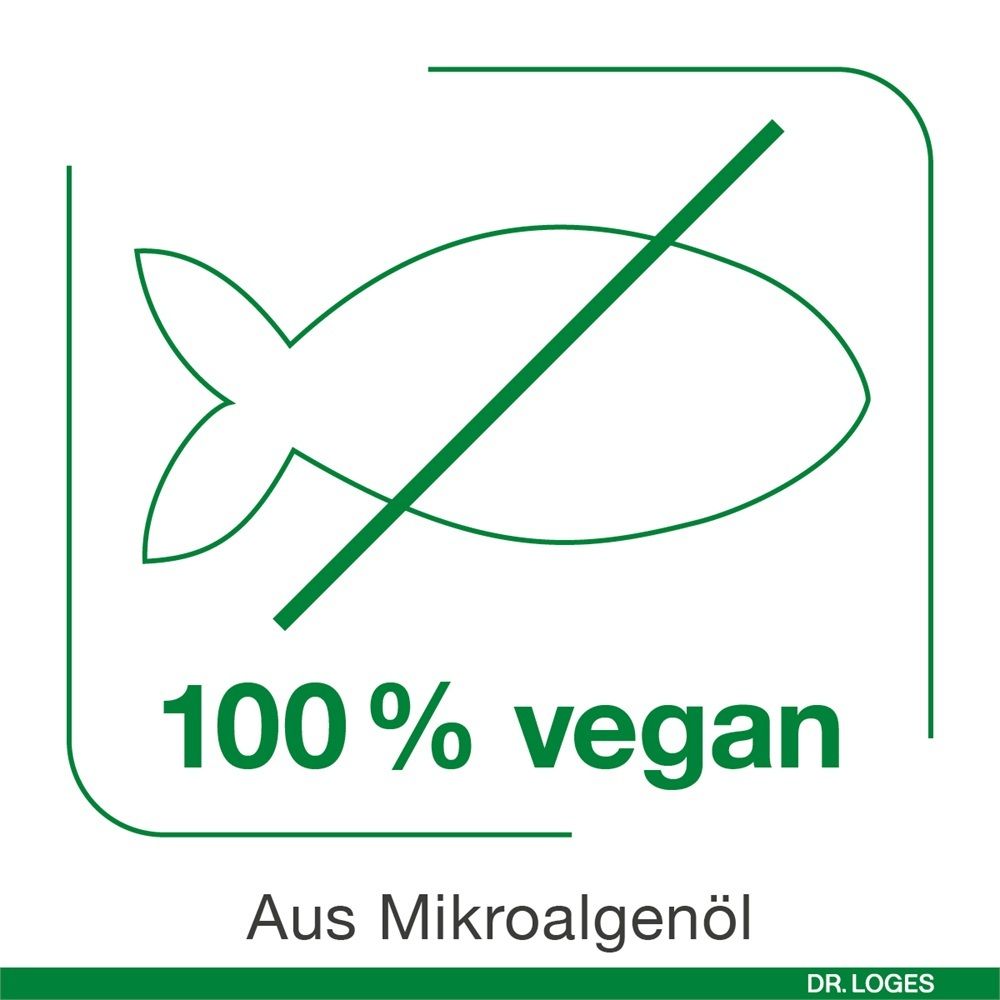 Grünes Siegel mit durchgestrichenem Fisch und der Aufschrift "100% vegan. Aus Mikroalgenöl."