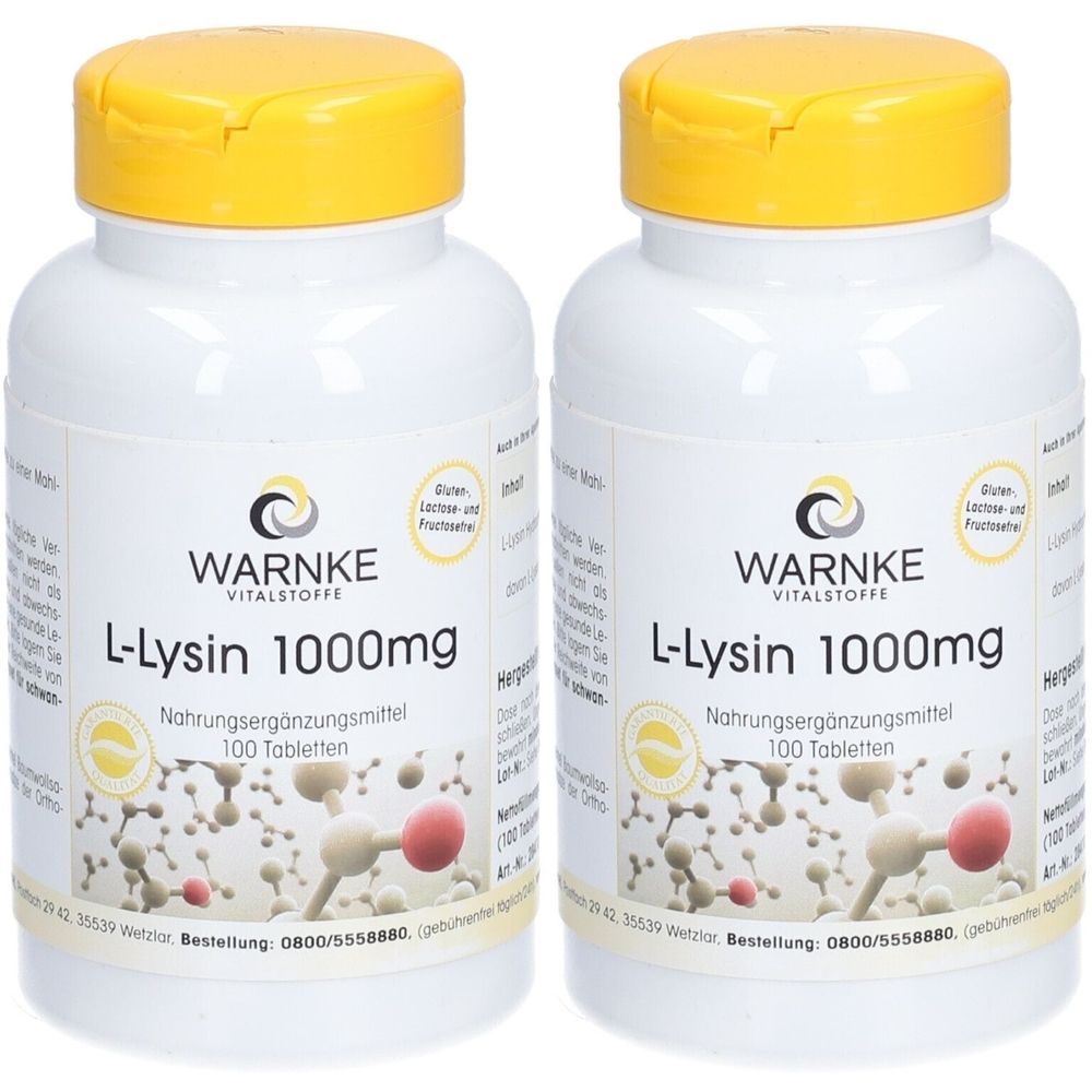 Zwei weiße Flaschen mit gelben Deckeln. Auf den Etiketten steht "WARNKE VITALSTOFFE L-Lysin 1000mg".  100 Tabletten.