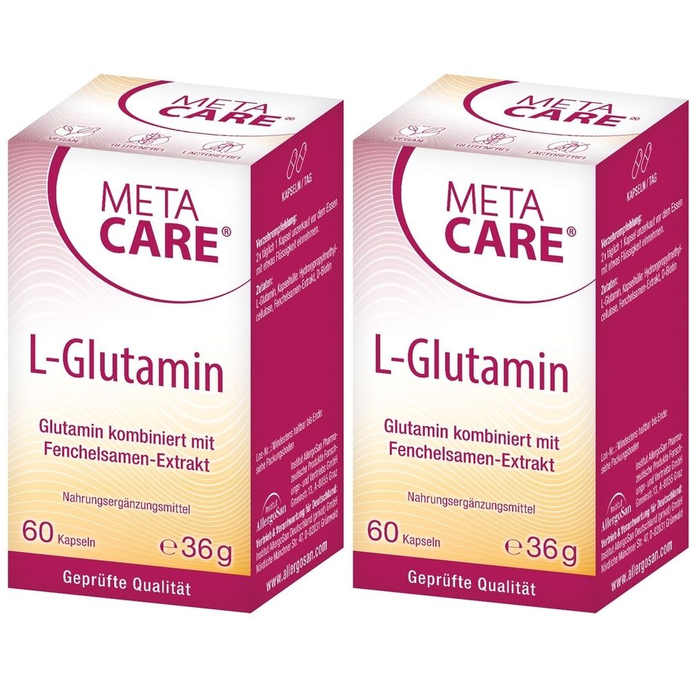 Zwei rechteckige Packungen mit der Aufschrift "META CARE L-Glutamin". Enthält 60 Kapseln. Geprüfte Qualität.
