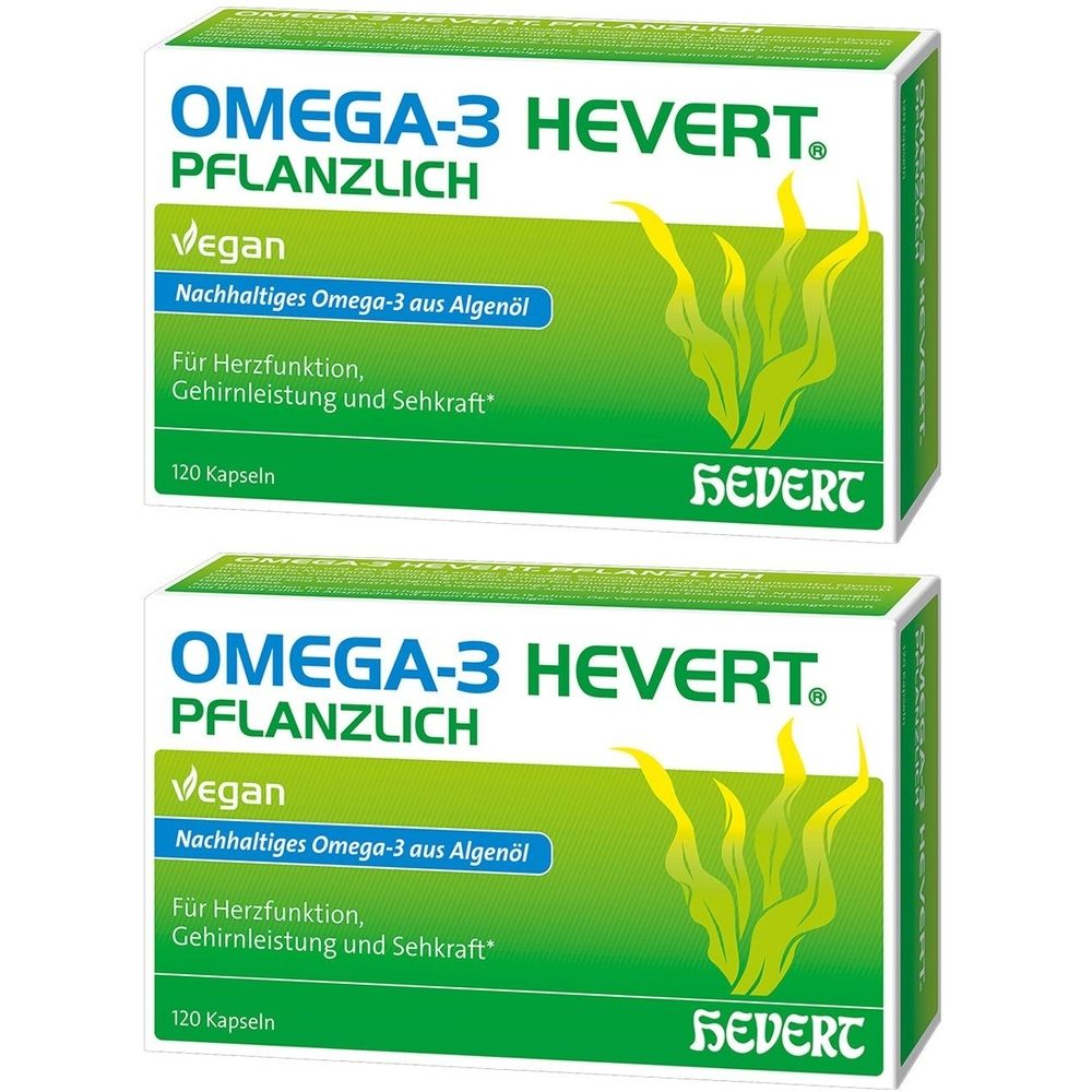 Zwei Schachteln OMEGA-3 HEVERT pflanzlich. Weiße Verpackung mit grünen Akzenten und Schriftzug. Enthält 120 Kapseln. Vegan.