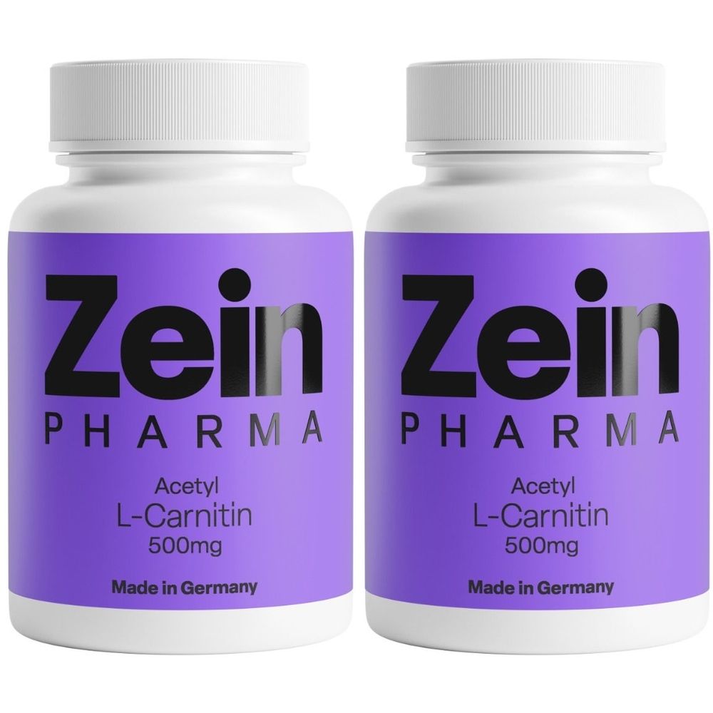 Zwei weiße Flaschen mit lila Etiketten. Aufschrift: Zein Pharma, Acetyl L-Carnitin 500mg. Hergestellt in Deutschland.