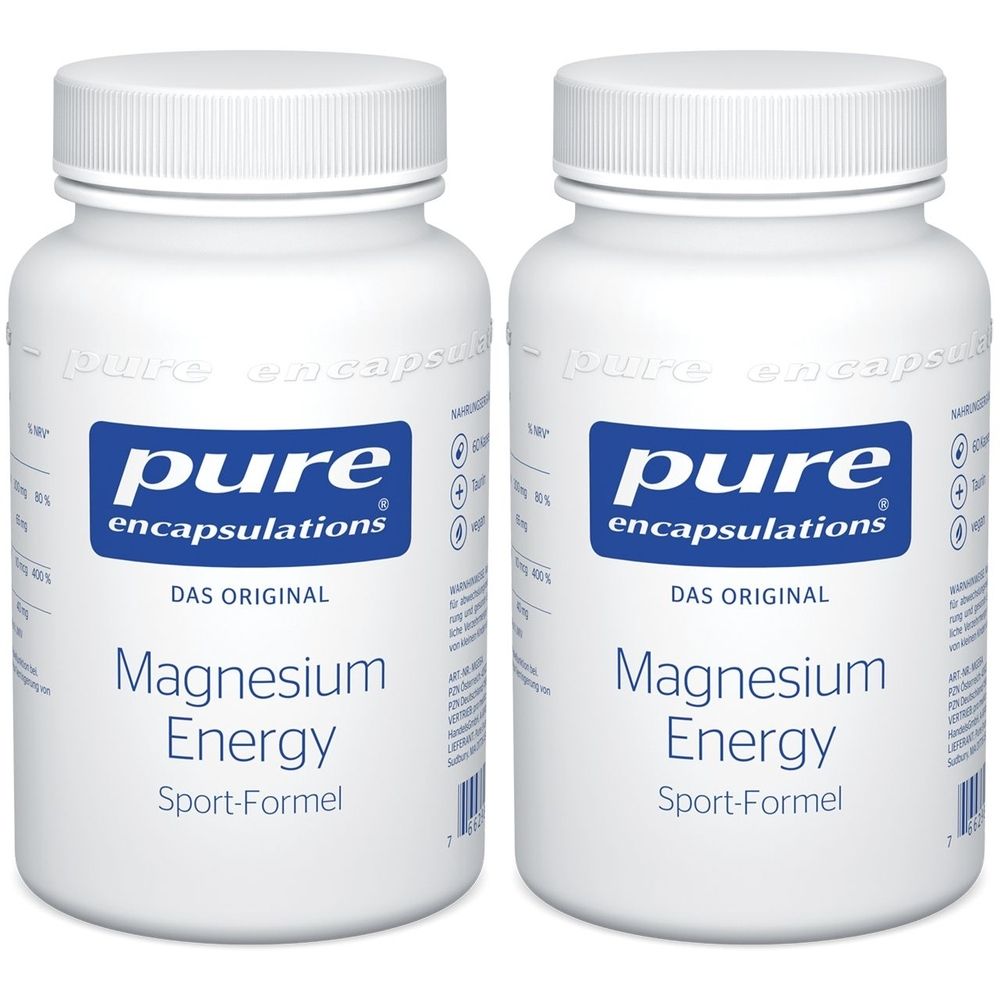 Zwei weiße Flaschen mit blauen Etiketten. Auf den Etiketten steht "pure encapsulations Magnesium Energy Sport-Formel".