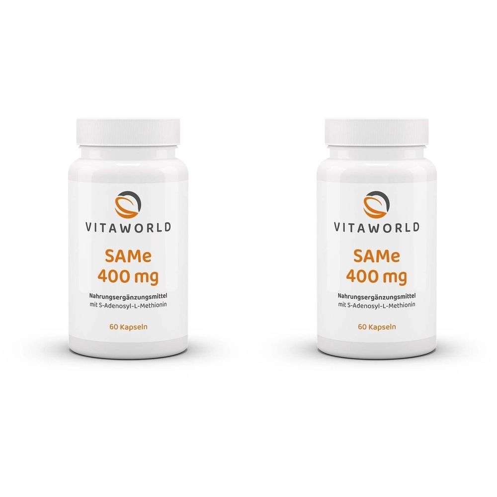 Zwei weiße Flaschen mit Schraubverschluss. Aufschrift: SAMe 400 mg, Nahrungsergänzungsmittel. Marke: Vitaworld. 60 Kapseln.