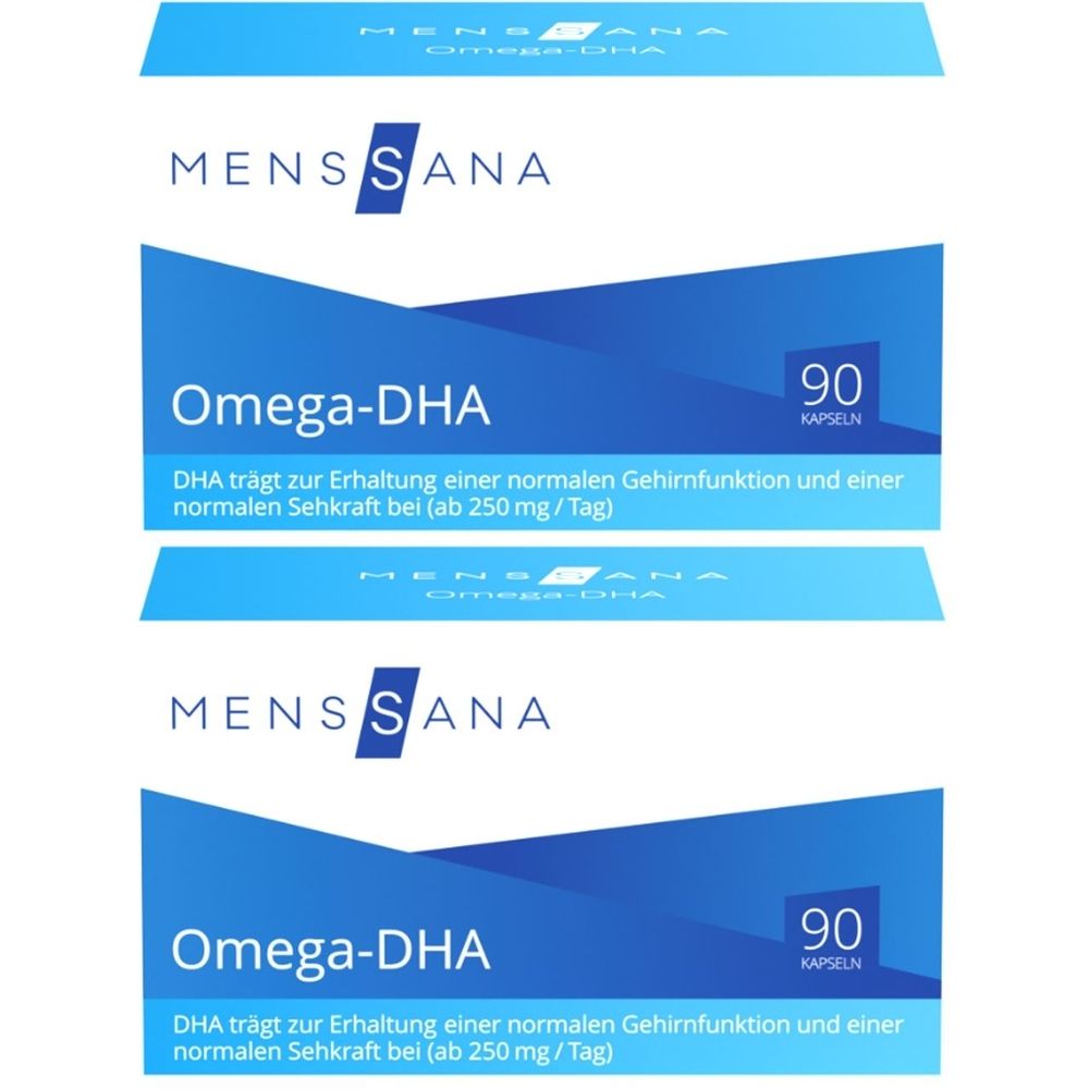 Zwei Packungen MensSana Omega-DHA. Blaue Verpackung mit weißer Schrift. Enthält 90 Kapseln. Text: DHA für normale Gehirnfunktion und Sehkraft.
