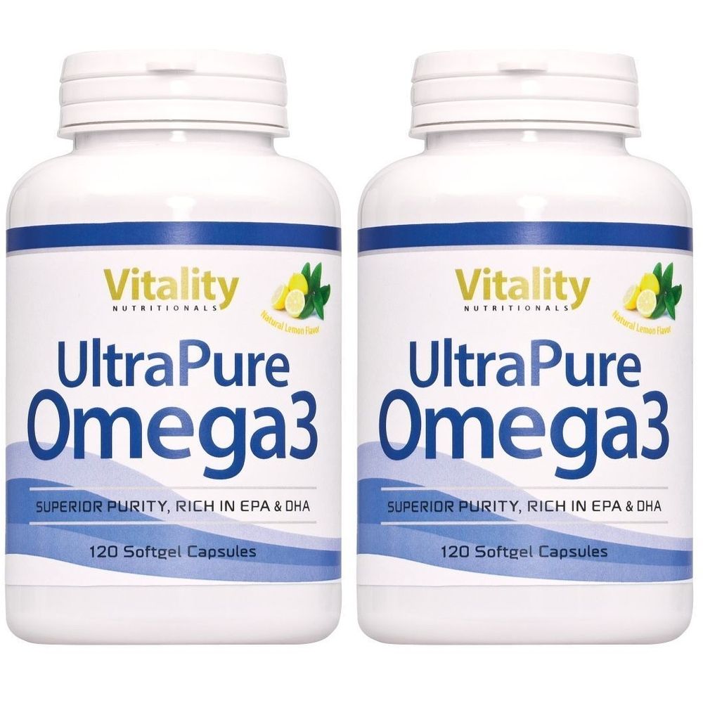 Zwei weiße Flaschen mit blauer und gelber Beschriftung. Aufschrift: Vitality UltraPure Omega3. 120 Softgel Kapseln. Zitronen- und Blatt-Illustration.