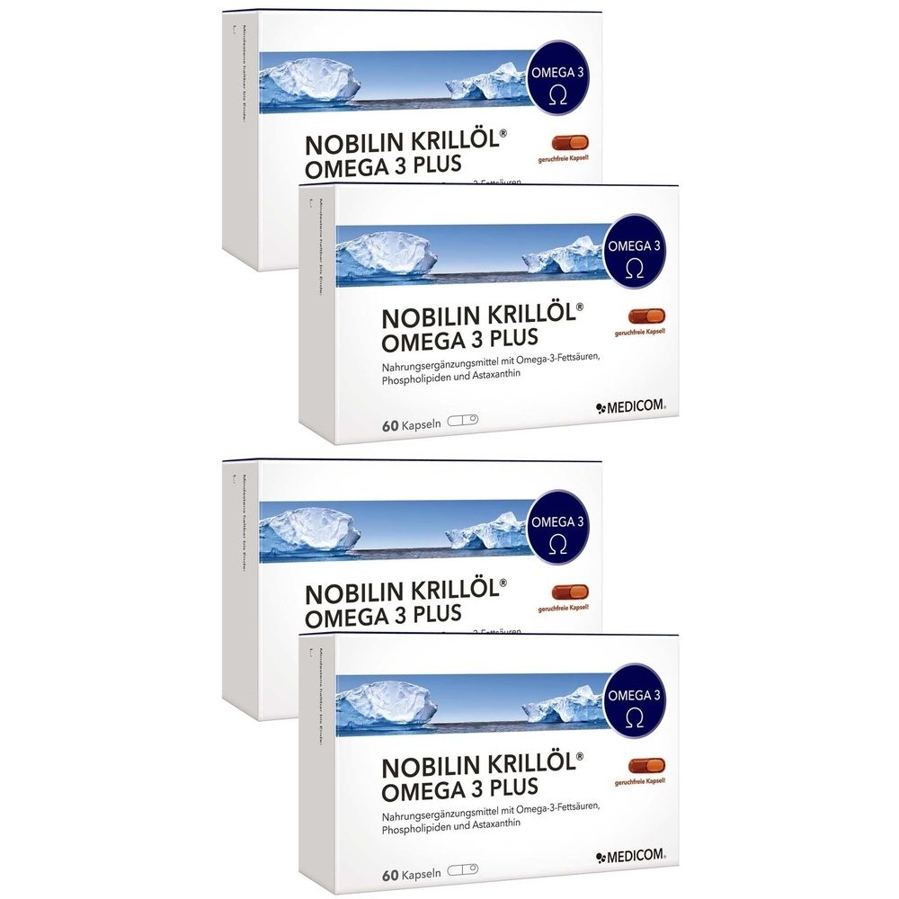 Mehrere Schachteln NOBILIN KRILLÖL OMEGA 3 PLUS. Aufdruck: Omega 3, 60 Kapseln. Weißer Hintergrund mit Eisberg-Motiv. Braune Kapsel abgebildet.