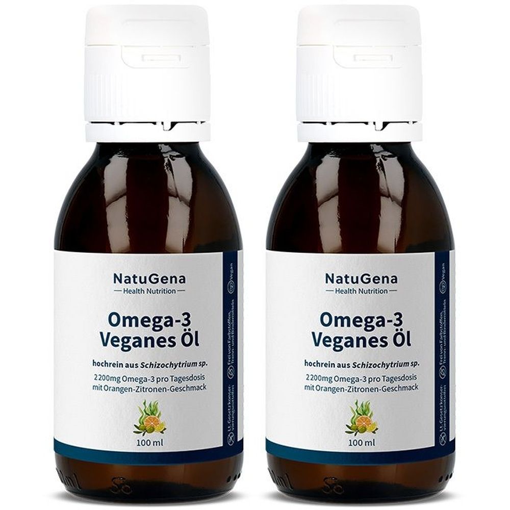 Zwei braune Glasflaschen mit weißem Etikett. Aufschrift: NatuGena Omega-3 Veganes Öl. 100 ml. Weiße Kappe.