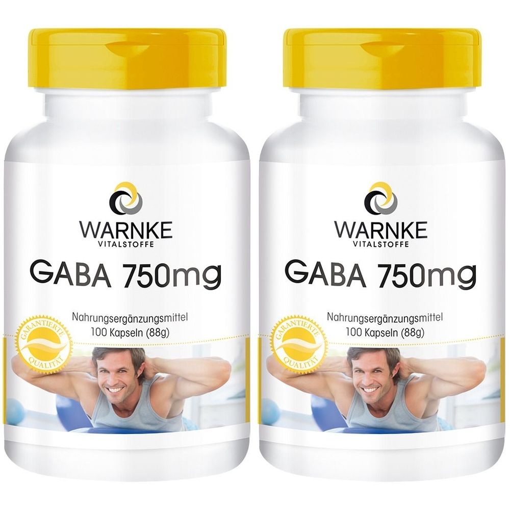 Zwei weiße Flaschen mit gelbem Deckel. Aufschrift: GABA 750mg, Nahrungsergänzungsmittel. Logo: Warnke Vitalstoffe. Abbildung eines Mannes.