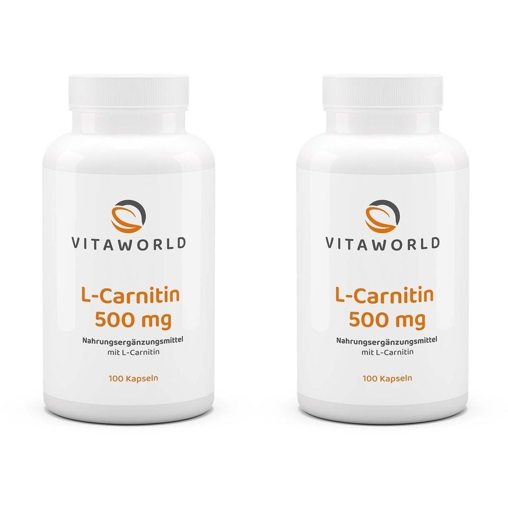 Zwei weiße Flaschen mit Etiketten. Aufschrift: VITAWORLD, L-Carnitin 500 mg, Nahrungsergänzungsmittel mit L-Carnitin, 100 Kapseln.