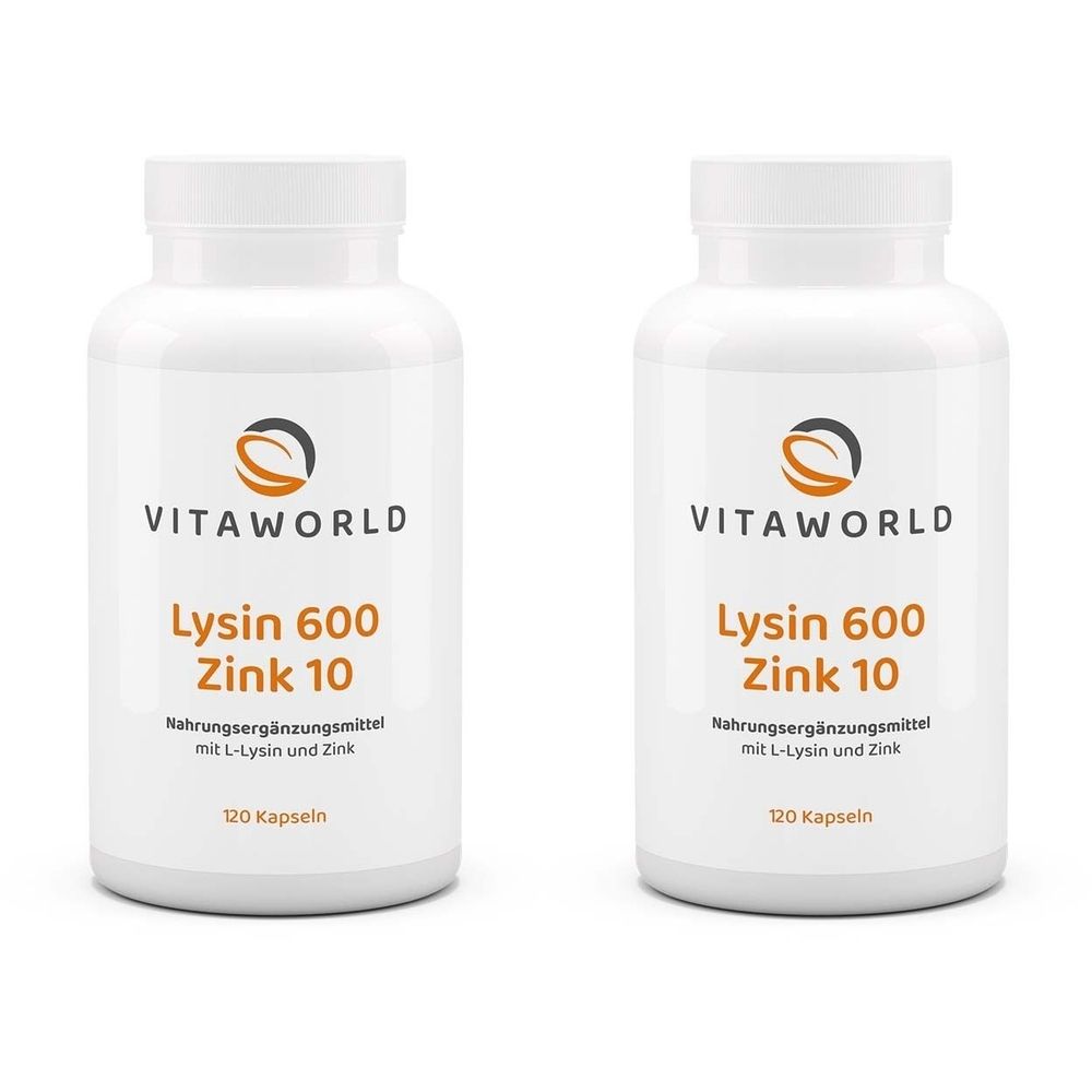 Zwei weiße Flaschen mit Etiketten. Aufschrift: VitaWorld Lysin 600 Zink 10. Nahrungsergänzungsmittel mit L-Lysin und Zink. 120 Kapseln.