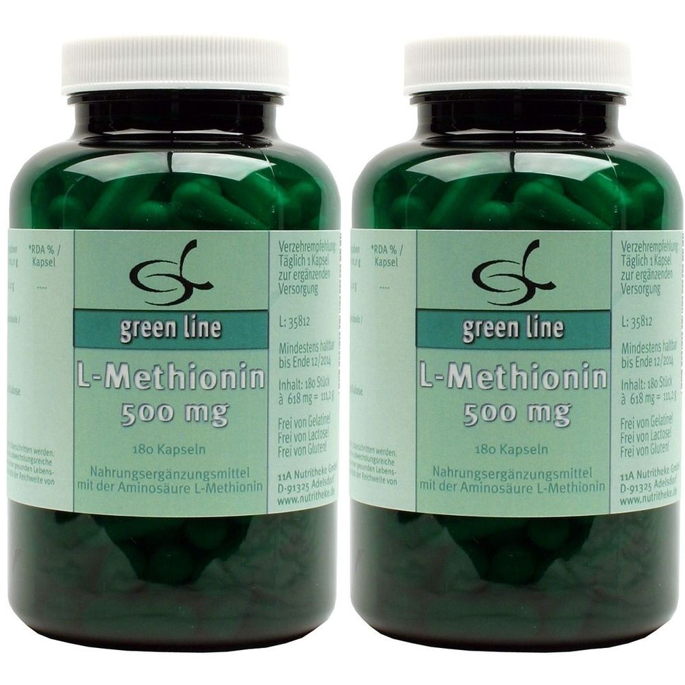 Zwei grüne Flaschen mit weißen Deckeln. Auf den Etiketten steht "green line L-Methionin 500 mg". Nahrungsergänzungsmittel.