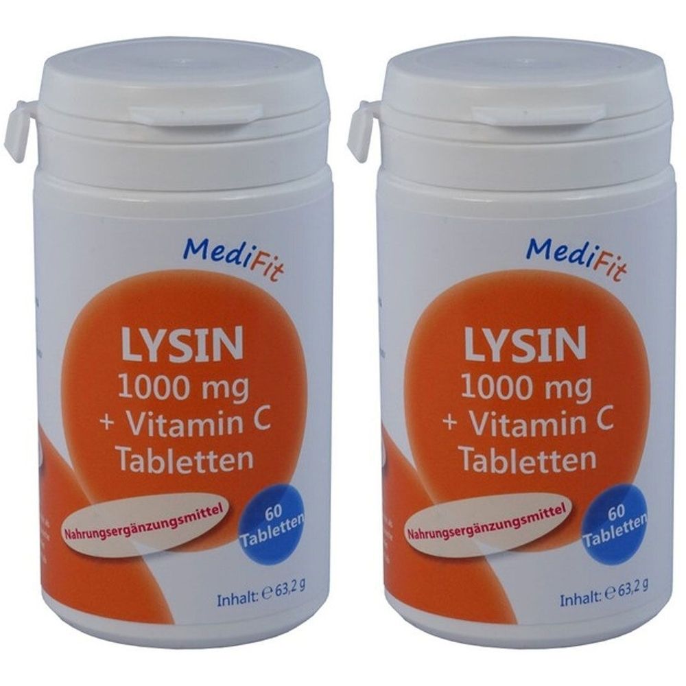 Zwei weiße Flaschen mit Deckel. Aufschrift: MediFit Lysin 1000 mg + Vitamin C Tabletten. 60 Tabletten. Nahrungsergänzungsmittel.