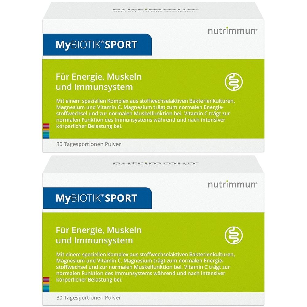 Zwei weiße Kartons mit "MyBIOTIK SPORT"-Schriftzug. Text: Für Energie, Muskeln und Immunsystem. Marke: nutrimmun. 30 Tagesportionen Pulver.