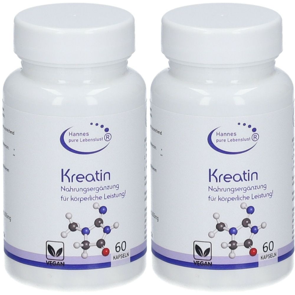 Zwei weiße Flaschen mit Kapseln. Aufschrift: Kreatin, Nahrungsergänzung. Marke: Hannes pure Lebenslust. Mit 60 Kapseln. Vegan-Siegel.